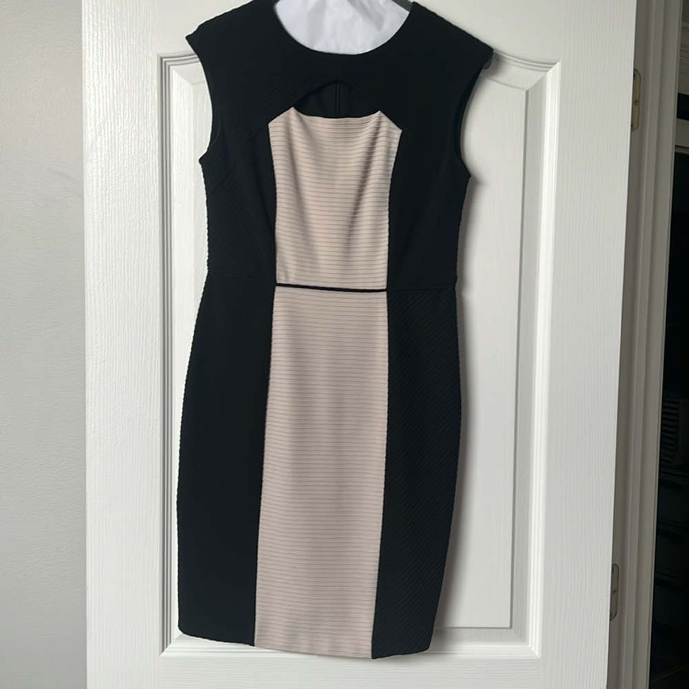 Women’s size 4 black and tan dress, new condition, worn once,back zipper